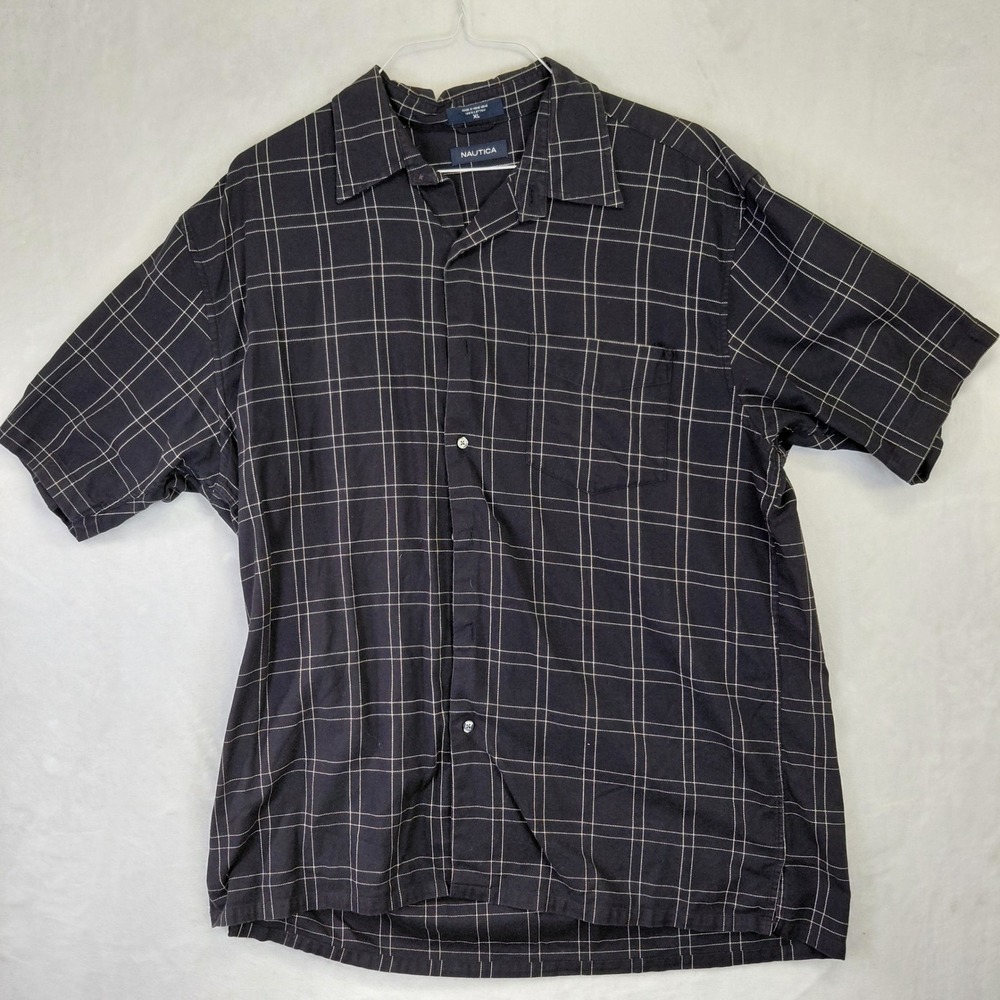 Nautica Mens XL Navy Blue White Windowpane Plaid Cotton Short Sleeve Shirt